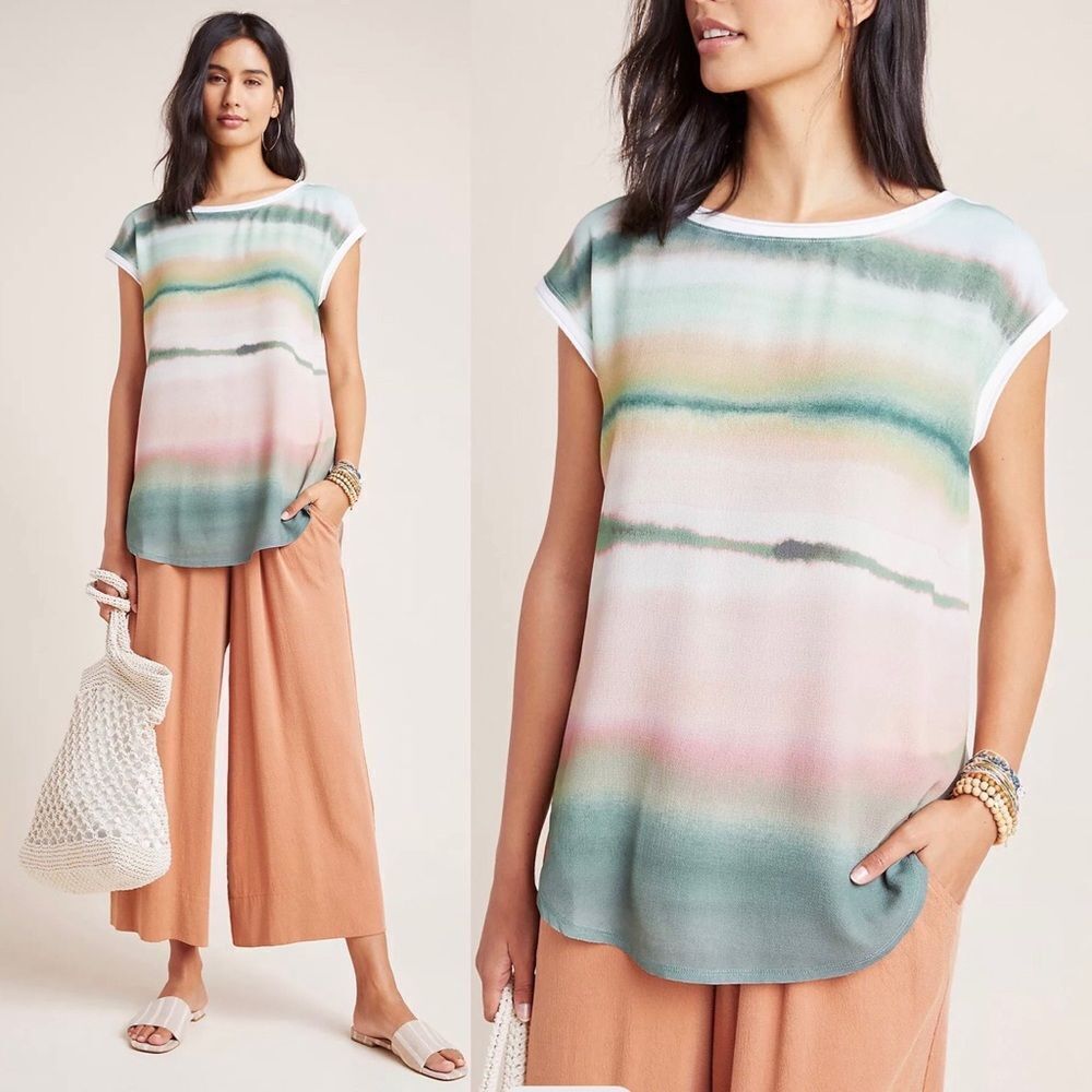 Anthropologie Tuscany Boatneck Tunic Top tie Dye Short Sleeve Green Gold Small‎